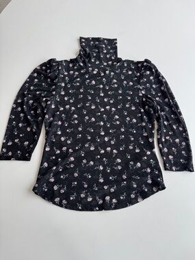 Free People Floral soft Mesh Turtleneck Top - Black with pink flowers NWT